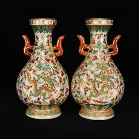 A Pair of Exquisite Wucai Painted Gold Dragon and Phoenix Pattern Double-Ears Vases