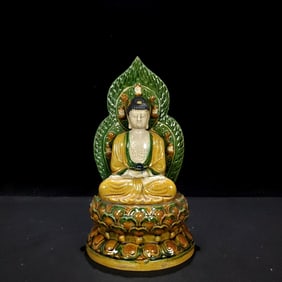 A Rare Liao Tri-Color Glazed Pottery Buddha Statue,with Scriptures