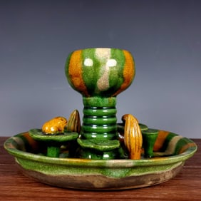 A Rare Liao Tri-Color Glazed Pottery Lotus Pattern Candlestick
