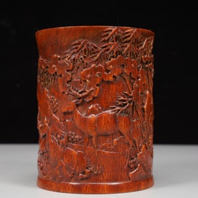 An Exquisite Huanghuali Wood Landscape and Deer Pattern Brush Pot