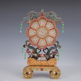 An Exquisite Filigree and Gilding Inlaid White Jade Phoenix Pattern Eight Treasures Screen,Inlaid