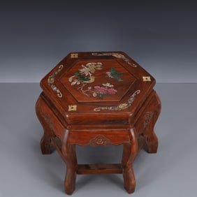 A Rare Huanghuali wood Inlaid Gems Flower and Bird Pattern Stool