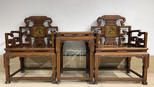 A Set of Huge Huanghuali wood Flower Pattern Chairs