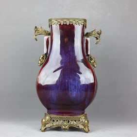 A Huge Flambe Glazed Inlaid Bronze Sheep-Ears Vase