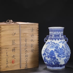 An Exquisite Blue and White Landscape and Figure Pattern Double-Ears Vase