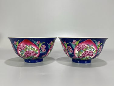 A Pair of Exquisite Blue Glazed Flower and Bird Pattern Bowls