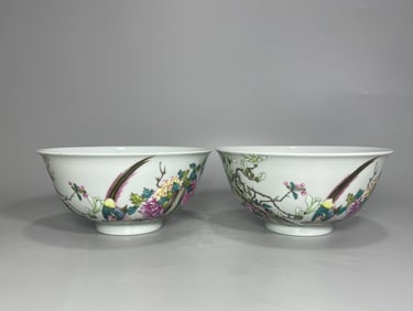 A Pair of Exquisite Famille-Rose Flower and Bird Pattern Bowls, With Poem