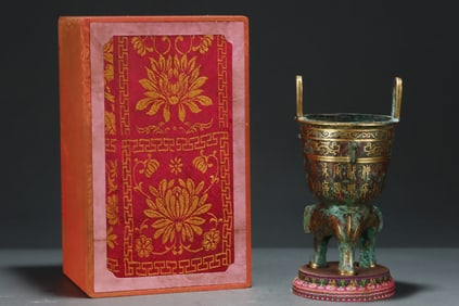 A Rare Bronze Inlaid Gold Double-Ears and Tripod Censer,with Inscription