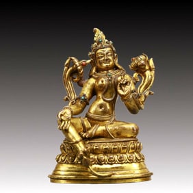 A Solemn Gilt Bronze Statue of Tara,Inlaid Gems