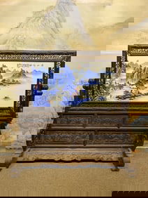 An Exquisite Redwood Inlaid Porcelain Plaques Blue and White Landscape Pattern Screen