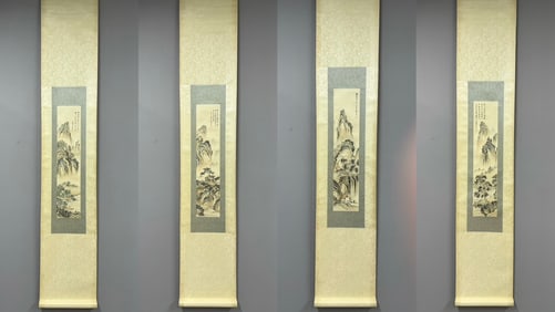 A Set of Chinese Vertical Scroll Ink Painting of Landscape on Paper