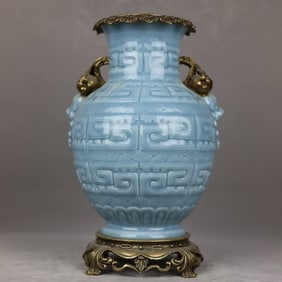 An Exquisite Celeste Blue Glazed Sanskrit Inlaid Bronze Pomegranate Double-Ears Vase