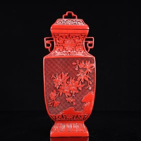 A Rare Carved Red Lacquer Flower Pattern Double-Ears Vase with Cover