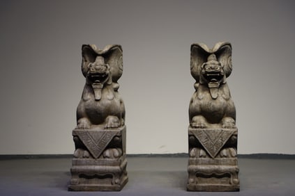 A Pair of Huge Limestone Wealth-Attracting Creature Ornaments