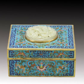 An Exquisite Cloisonne Lotus and Bats Pattern Cover Box,Inlaid White Jade