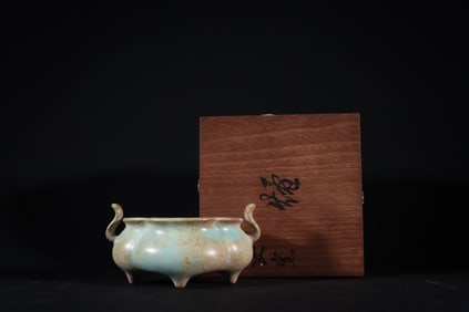 An Exquisite Ru yao Celeste Blue Glazed Double-Ears and Tripod Censer