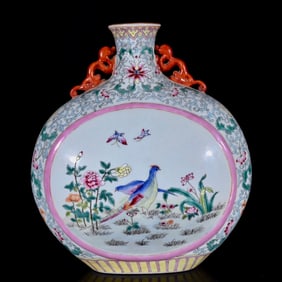 An Exquisite Famille-Rose Flower and Bird Pattern Double-Ears Vase