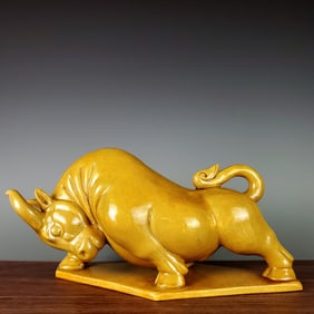 A Rare Tang Tri-Color Glazed Pottery Yellow Glazed Buffalo Ornament,with Poem