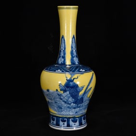 An Exquisite Blue and White Yellow Glazed Fish Pattern Vase