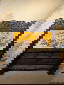 An Exquisite Redwood Inlaid Porcelain Plaques Yellow Ground Famille-Rose Flower and Bird Pattern