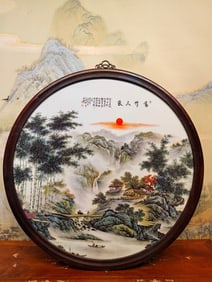 An Exquisite Redwood Inlaid Porcelain Plaques Famille-Rose Landscape and Figure Pattern Hanging