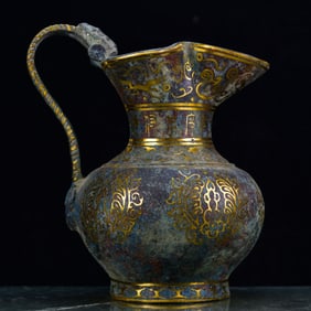 An Rare Bronze Inlaid Gold Beast Pattern Ewer,With Inscription