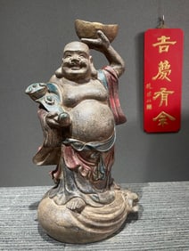A Huge Limestone Painted Color Statue of Maitreya Buddha Ornament