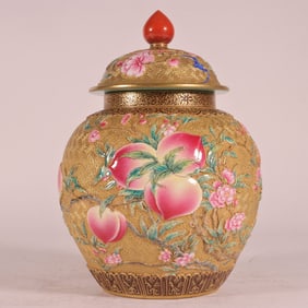 An Exquisite Enamel Bats and Peach Pattern Tea Caddy
