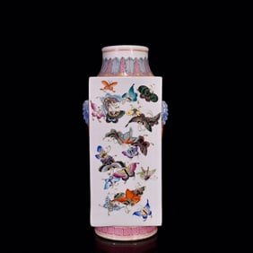 An Exquisite Famille-Rose Butterfly Pattern Elephant-Ears Vase