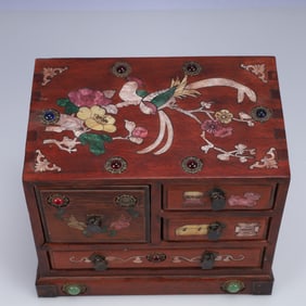 An Exquisite Huali wood Inlaid Gems Flower and Bird Pattern Box
