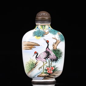 An Exquisite Painted Enamel Crane and Peach Pattern Snuff Bottle