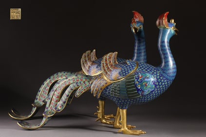 A Pair of Huge Cloisonne Enamel Phoenix Censers