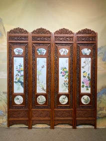 A Set of Fine Redwood Inlaid Porcelain Plaques Famille-Rose Flower and Bird Pattern Screens,with