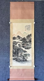 A Chinese Vertical Scroll Ink Painting of Landscape on Paper
