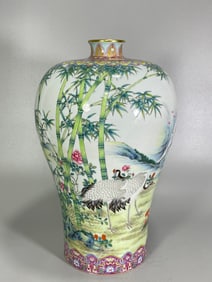 An Exquisite Famille-Rose Bamboo and Crane Pattern Vase, With Poem