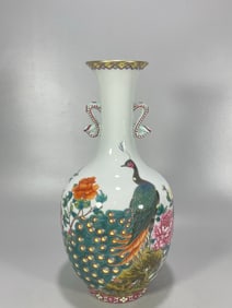 An Exquisite Famille-Rose Peacock and Flower Pattern Double-Ears Vase, With Poem