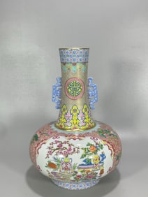 An Exquisite Famille-Rose Flower and Bird Pattern Painted Gold Double-Ears Vase