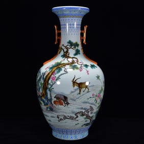 A Huge Famille-Rose Animal Pattern Double-Ears Vase