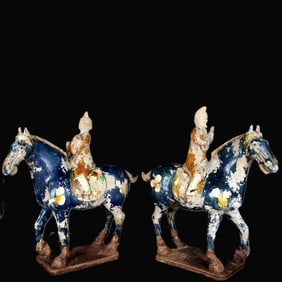 A Pair of Rare Tang Tri-Color Glazed Pottery Figure Riding Horse Ornaments