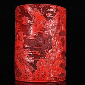 A Rare Carved Red Lacquer Figure Pattern Brush Pot