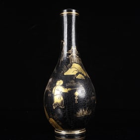 An Exquisite Black Lacquer Painted Gold Figure Pattern Vase