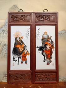 A Set of Fine Redwood Inlaid Porcelain Plaques Famille-Rose Figure Pattern Hanging Panels