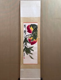 A Chinese Vertical Scroll Ink Painting of Peach on Paper,Qi Baishi