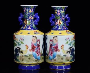 A Pair of Exquisite Famille-Rose Figure Pattern Double-Ears Vases