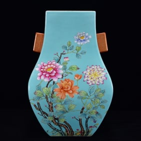 A Rare Famille-Rose Flower Pattern Double-Ears Vase