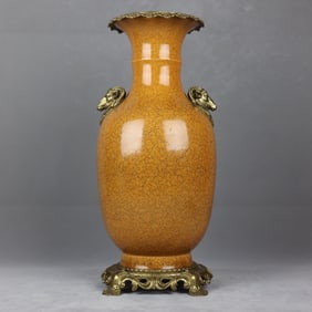 A Huge Yellow Glazed Inlaid Bronze Sheep-Ears Vase