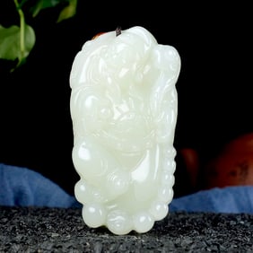 An Exquisite White Jade Statue of Mammon Pendant