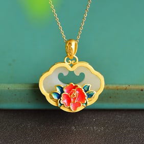 An Exquisite Sterling Silver-Gold Plated Inlaid White Jade Enamel Pendant