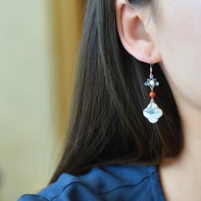 A Pair of Exquisite Sterling Silver Inlaid White Jade Enamel Earrings,Inlaid Pearl