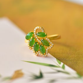 An Exquisite Sterling Silver-Gold Plated Inlaid Jasper Ring,Inlaid Diamond
